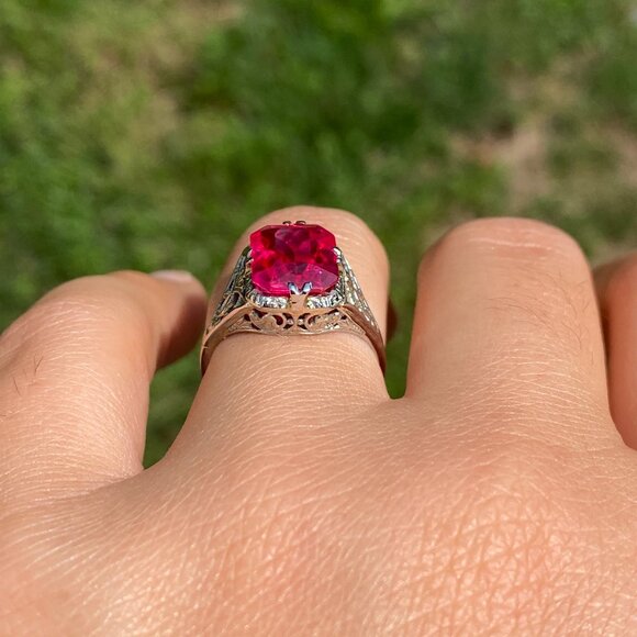 Lab Created Ruby Filigree Ring in White Gold - Picture 11 of 12